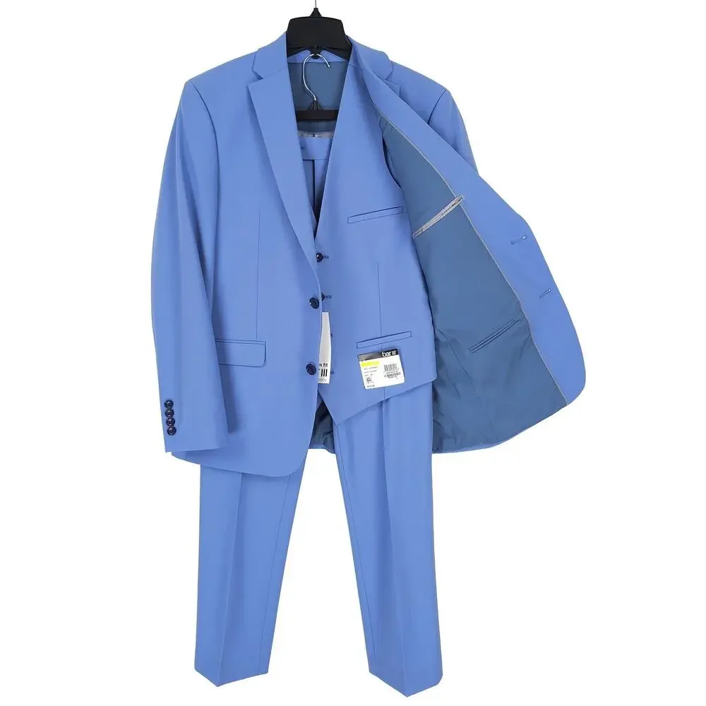 Bar III Mens Slim Fit 3 Piece Suit 38L 33x32 Light Blue Solid Power Stretch Wool